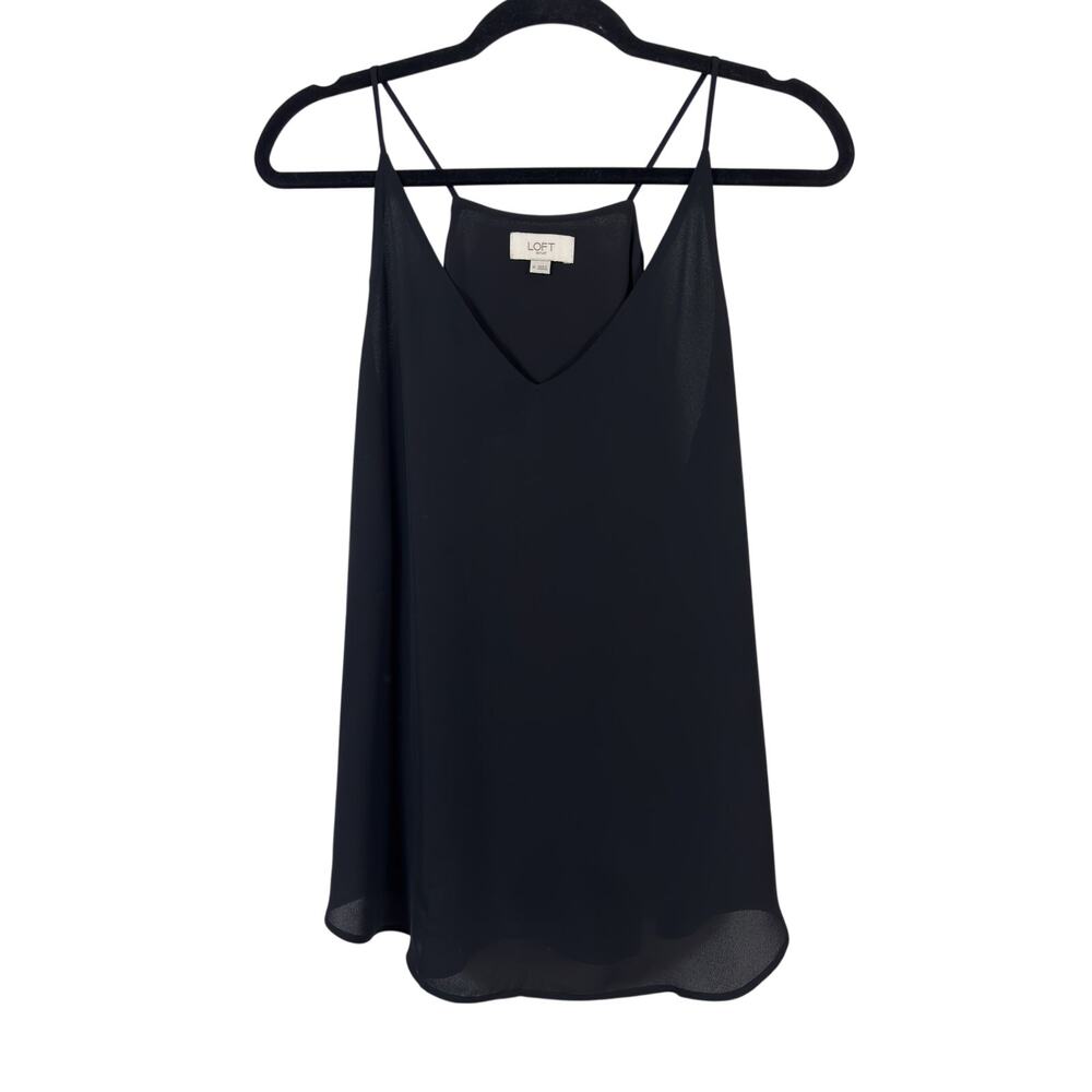 LOFT V-Neck Camisole Top Womens Medium Black Chiffon Spaghetti Strap Layered Hem